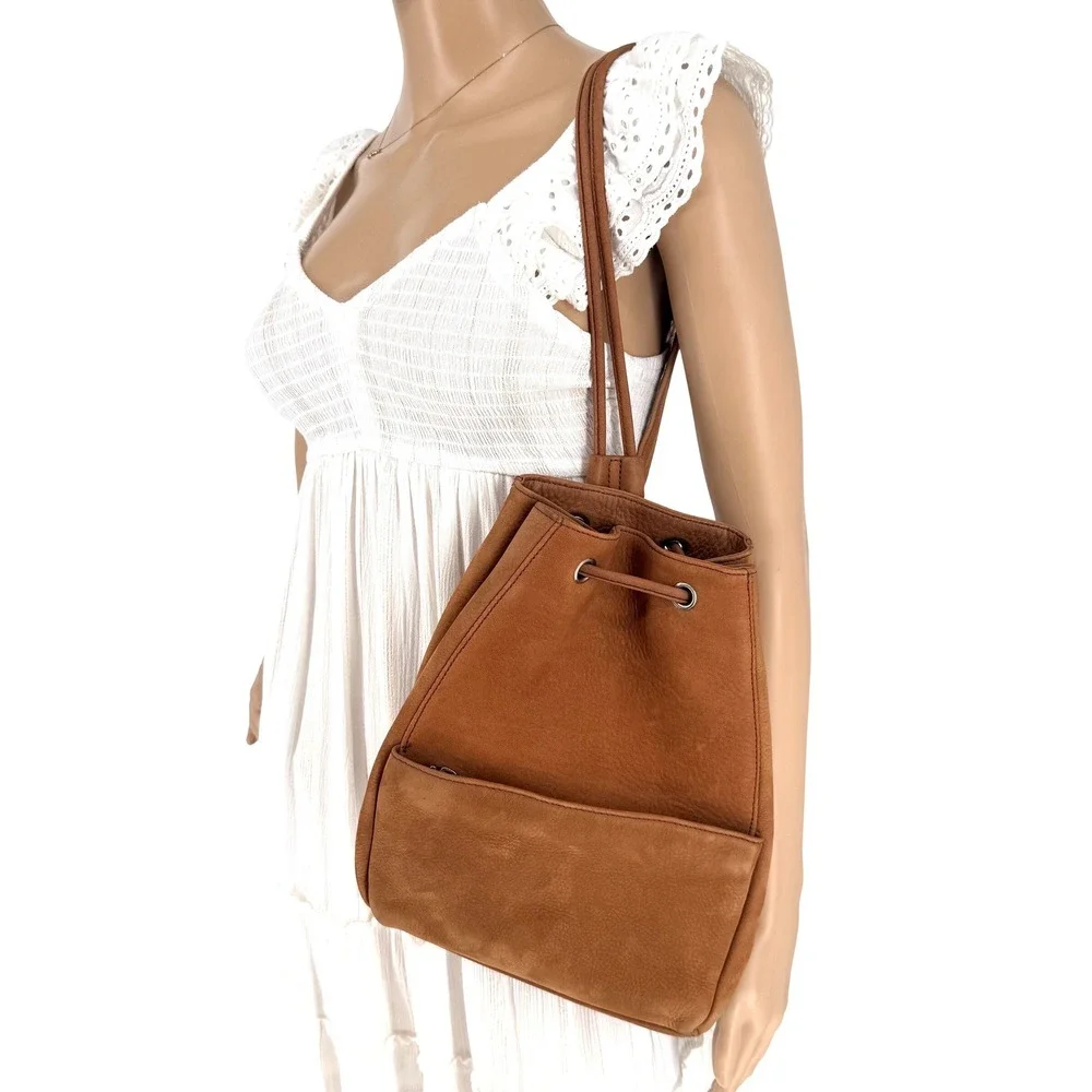 Eddie Bauer Tan Suede Leather Bag Drawstring One Shoulder Backpack Purse‎